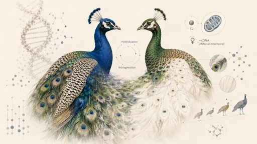 青クジャクと緑クジャクの交雑と白色羽装を示すイラスト